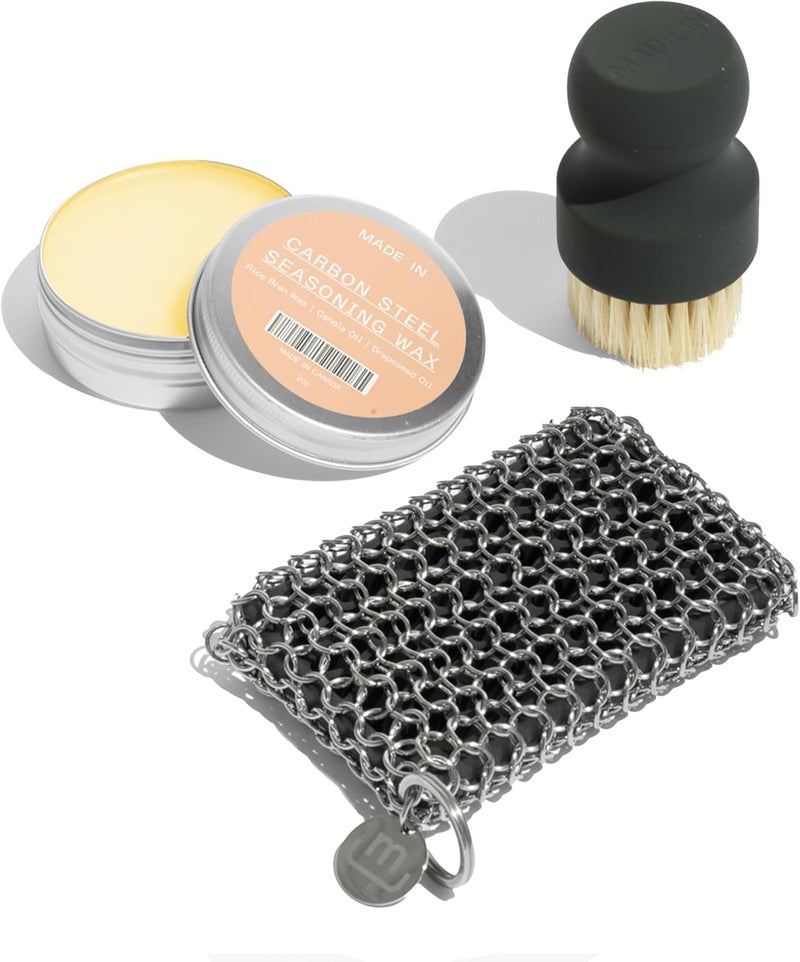 Madein Cookware - 3-Piece Carbon Steel Cleaning Set - Includes Chain Mail Scrubber, Cleaning Brush and Carbon Steel Seasoning Wax - Image 1